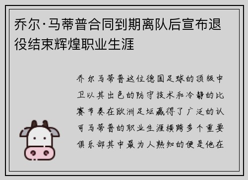 乔尔·马蒂普合同到期离队后宣布退役结束辉煌职业生涯